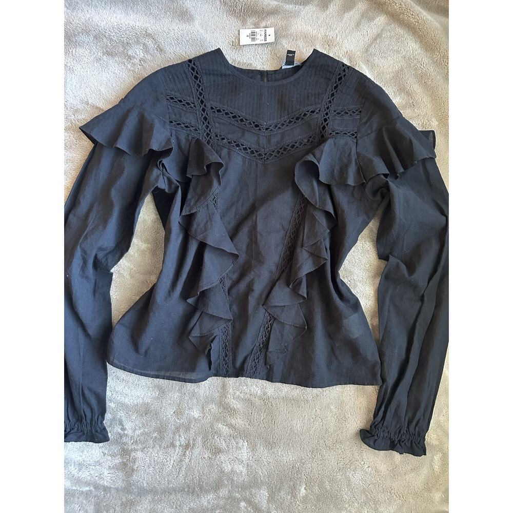 Express Black Lace Ruffle Long Sleeve Blouse XS NWT Cotton Romantic Top Emo